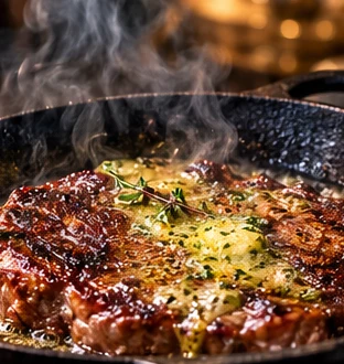 Illustratie van entrecote in een rokende gietijzeren pan